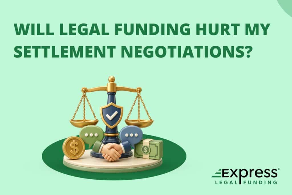 Graphic for “Will Legal Funding Hurt My Settlement Negotiations?” showing balanced scales, a handshake, speech bubbles, and money representing legal funding settlement negotiations.