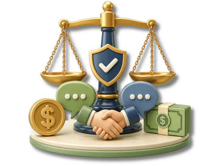 3D icon of balanced scales, a handshake, speech bubbles, and money representing whether legal funding will hurt settlement negotiations.