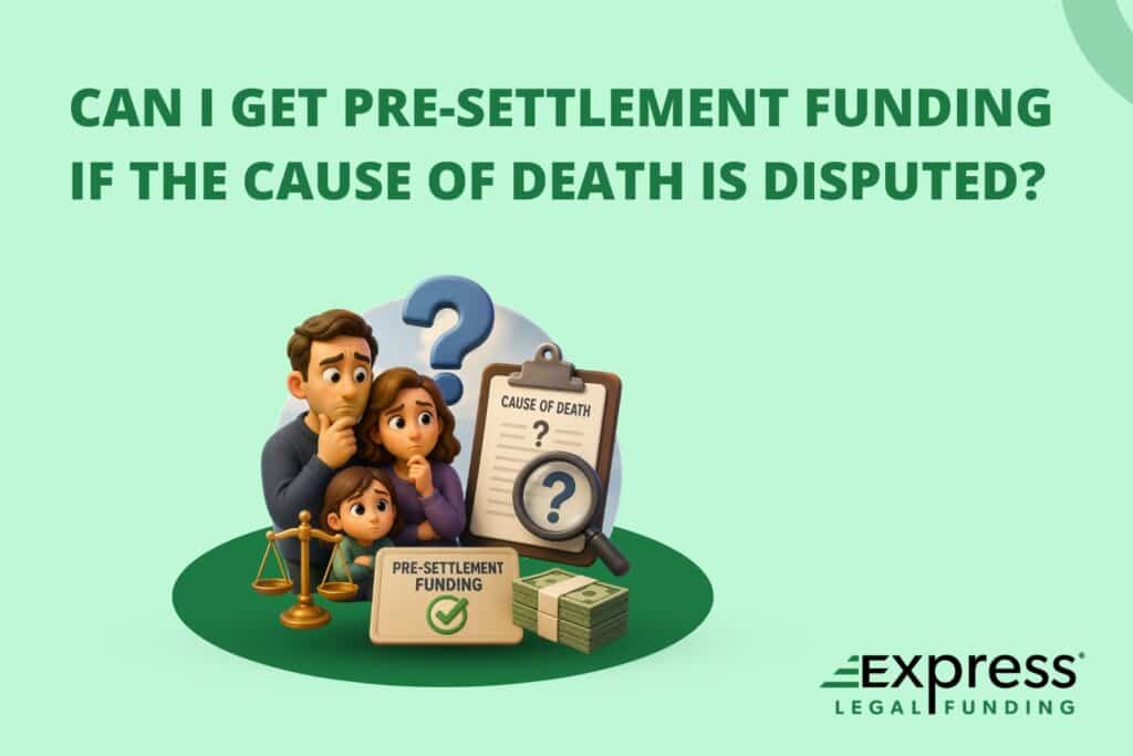 FAQ graphic for question "Can I Get Pre-Settlement Funding if the Cause of Death Is Disputed? "with icon representing concept.
