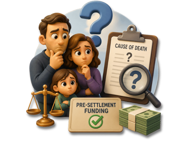 A family looking concerned beside a cause of death form, scales of justice, cash, and pre-settlement funding approval icon.