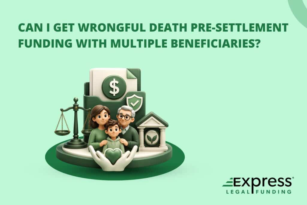Illustration of pre-settlement funding with multiple wrongful death beneficiaries, showing a family, legal scales, estate symbol, and funding document.