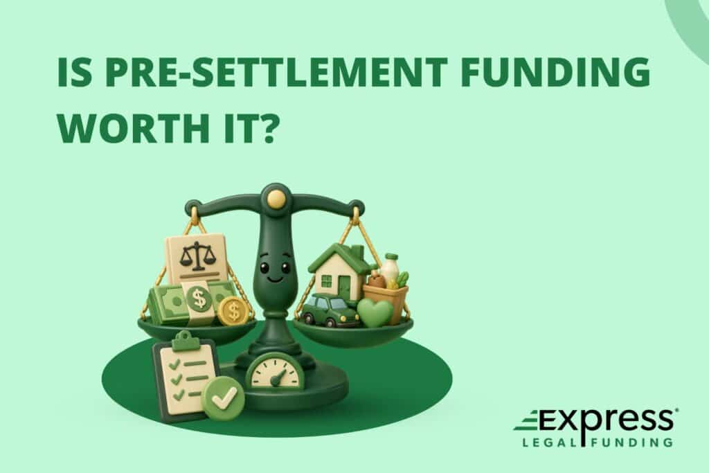 Is pre-settlement funding worth it FAQ guide graphic with a 3D balance scale weighing lawsuit funding against living expenses.