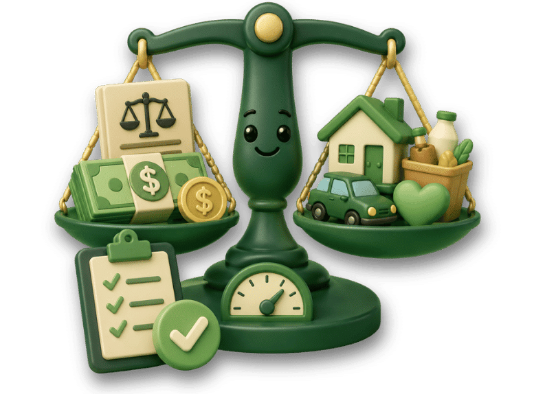 Balance scale weighing lawsuit funding money against living expenses, with a checklist and checkmark representing whether pre-settlement funding is worth it.
