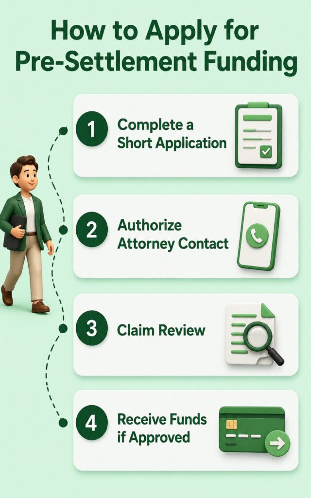 A four-step infographic explaining how to apply for pre-settlement funding, from completing an application to receiving funds if approved.