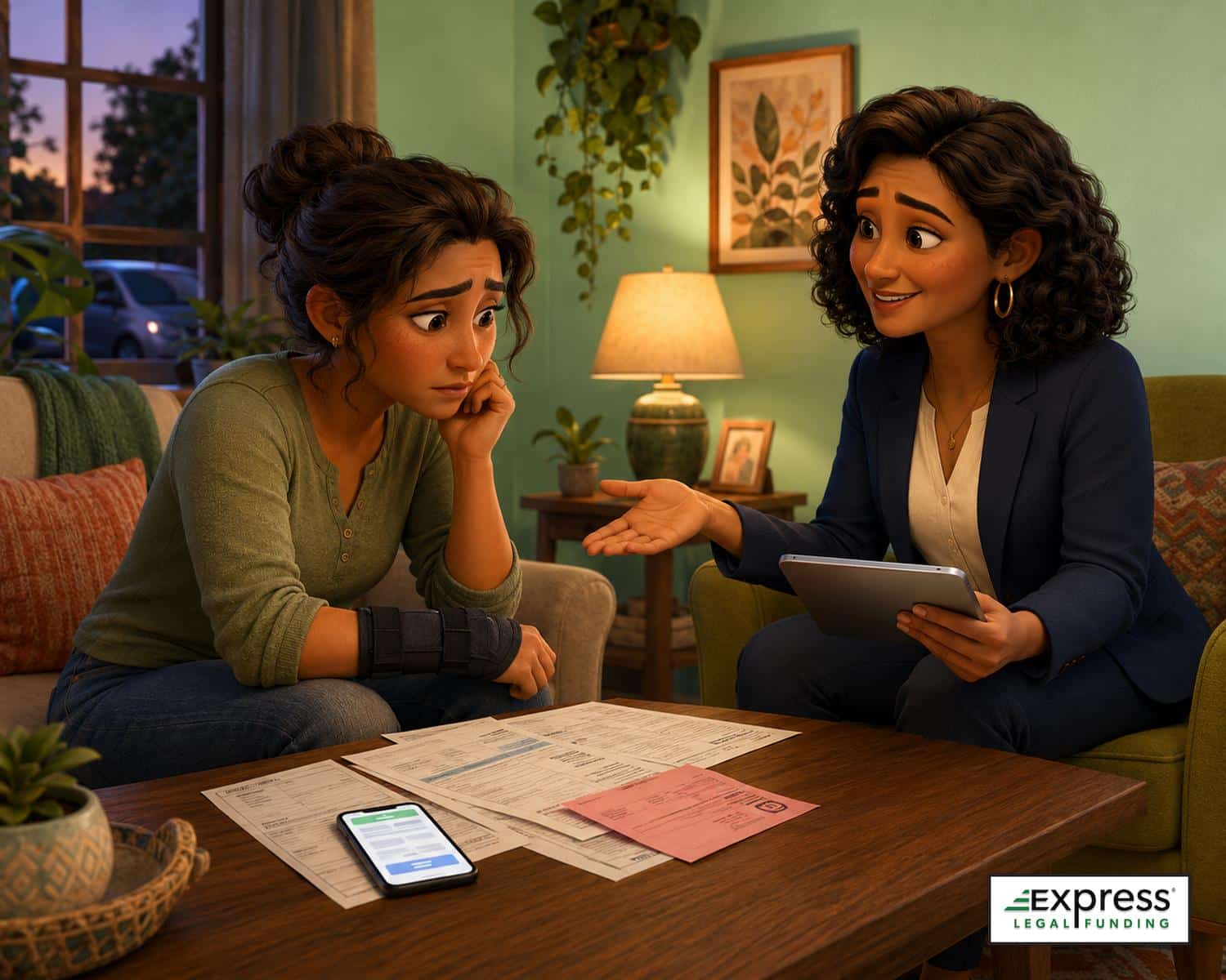 Scene of an injured adult reviewing utility bills and a shutoff notice while a legal funding advisor explains options.