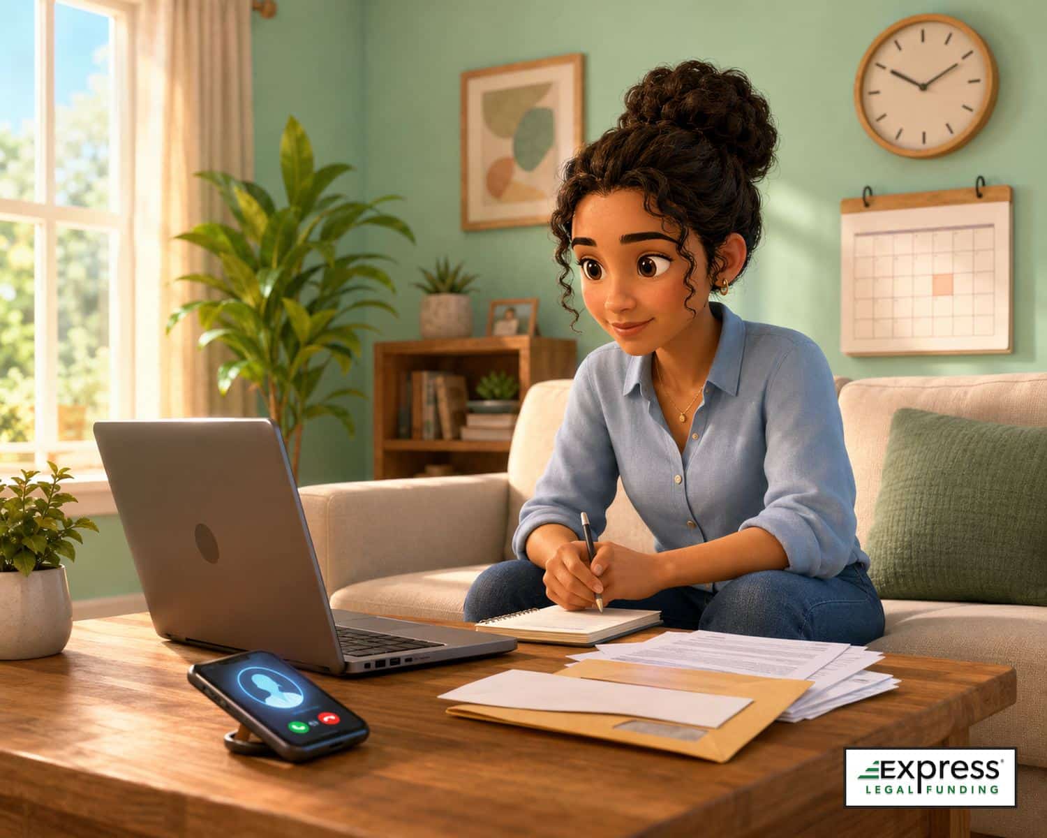 Person reviewing garnishment papers at home while speaking with a legal professional online.