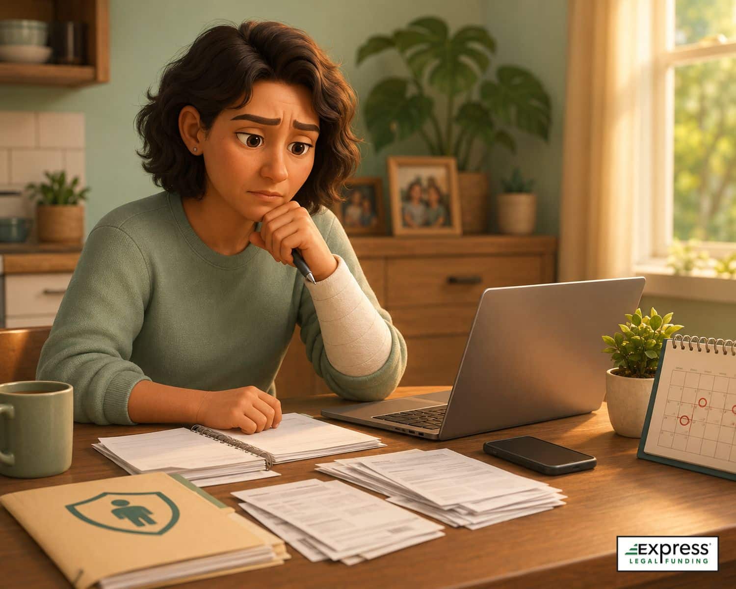 An injured adult with an arm cast organizes bills, a laptop, and support options at a warm kitchen table after income stops.