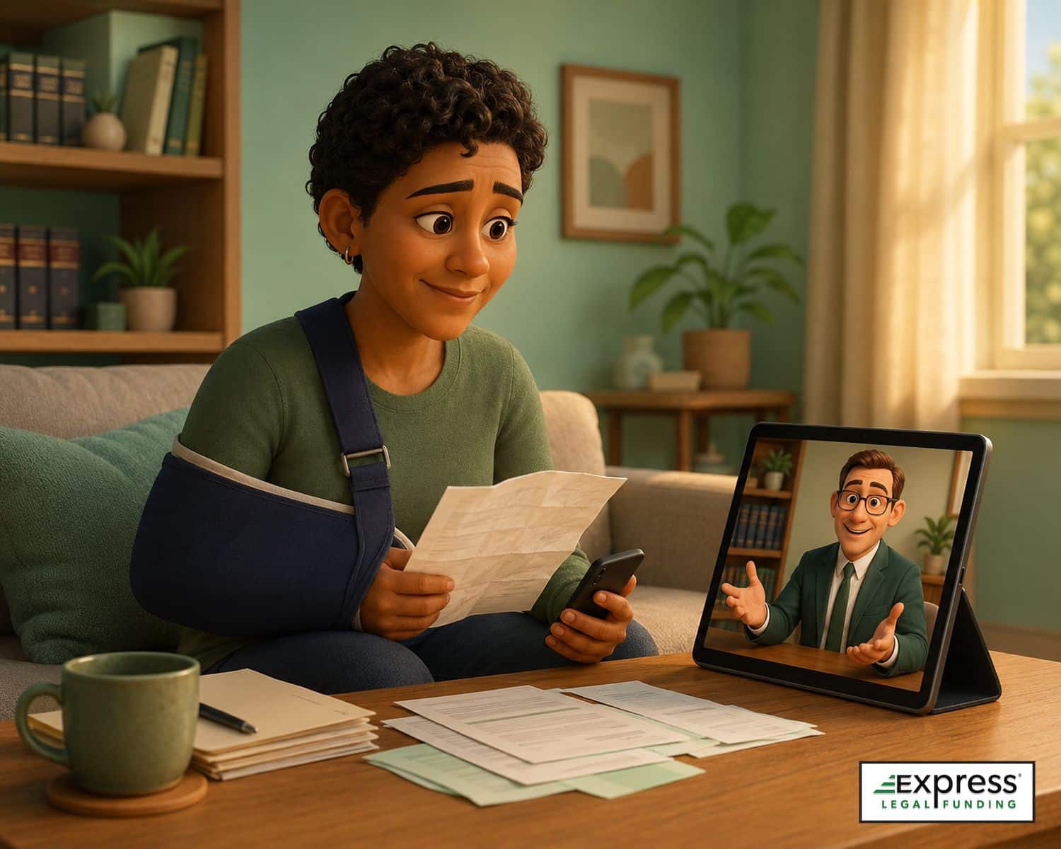 An injured tenant in a modest apartment speaks with a legal funding advisor on a tablet while holding an eviction notice symbolizing Can pre-settlement funding help stop an eviction?