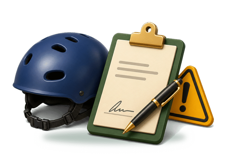 3D safety helmet, signed waiver, pen, and caution marker representing voluntary acceptance of a known risk.