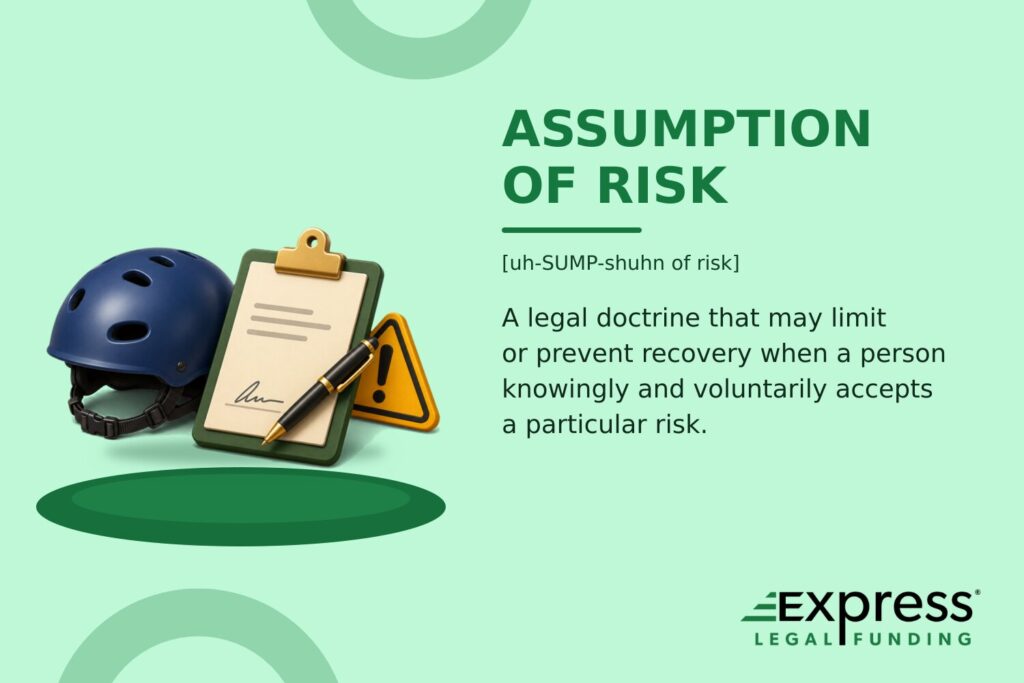 Assumption of Risk definition with a signed waiver, safety helmet, and caution marker.