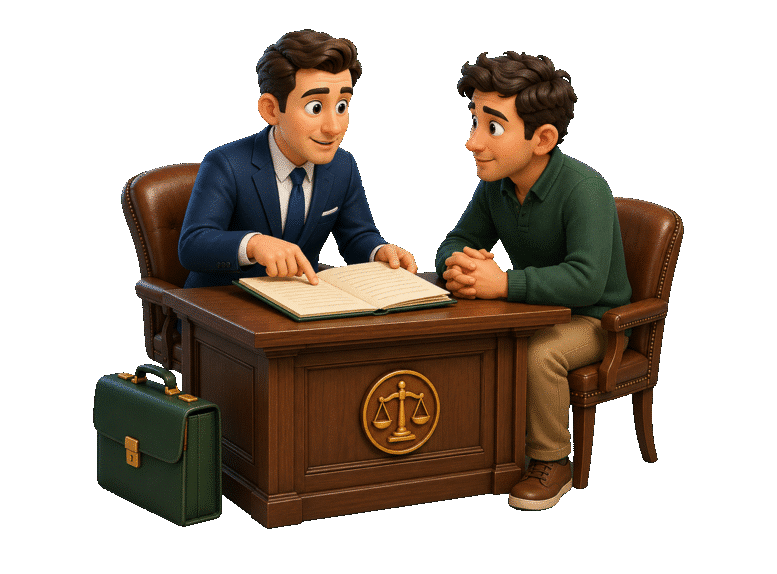 3D attorney and client reviewing a case file across a legal consultation desk