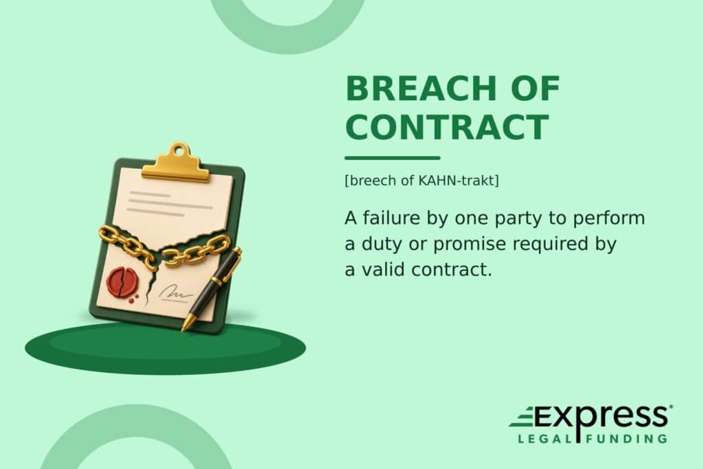 Breach of Contract definition with a torn agreement, broken chain, cracked seal, and pen.