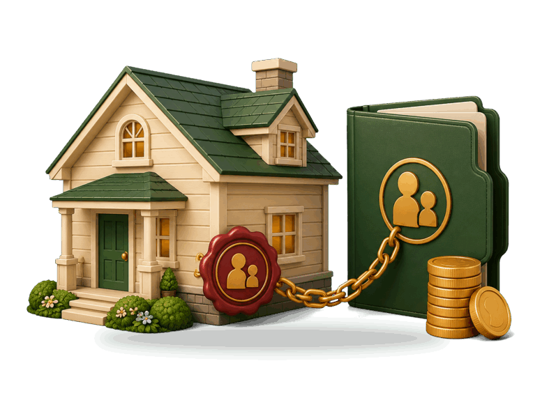 3D house linked by a legal claim seal and chain to a family-support folder and coin stack, representing a child support lien.