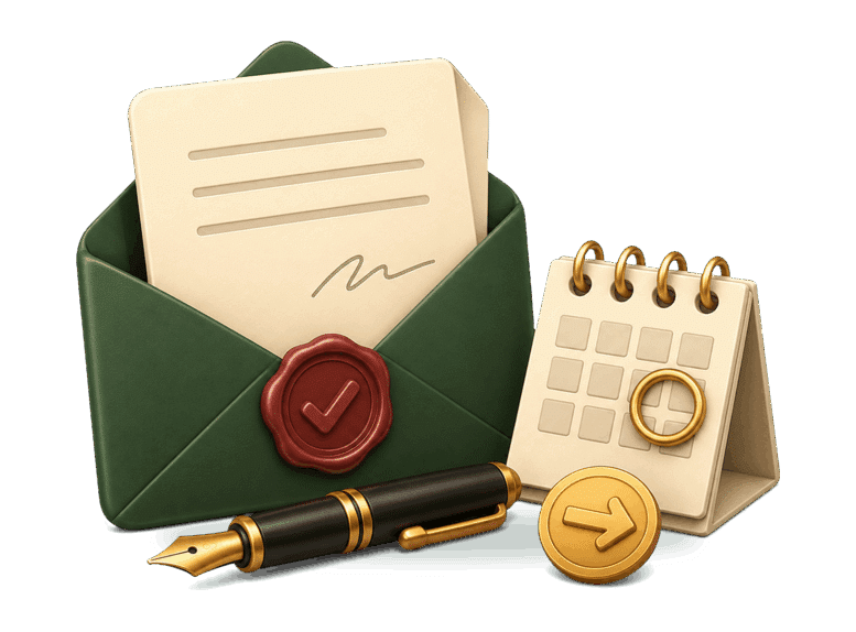 3D sealed envelope with a formal letter, calendar, fountain pen, and action arrow representing a legal demand letter.