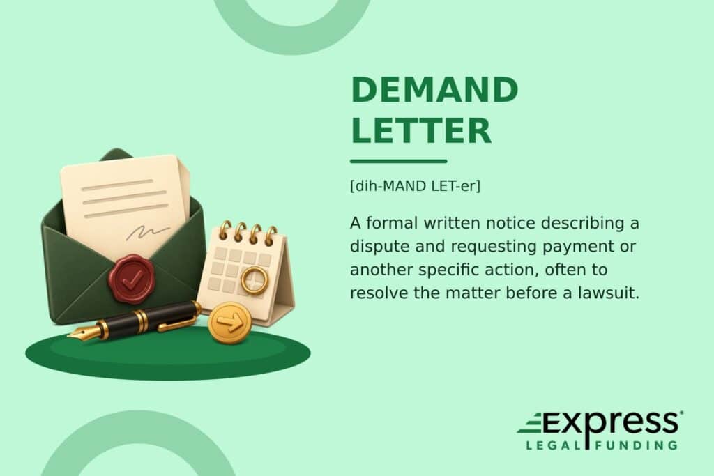 Demand Letter definition with a sealed formal letter, response calendar, pen, and action marker.