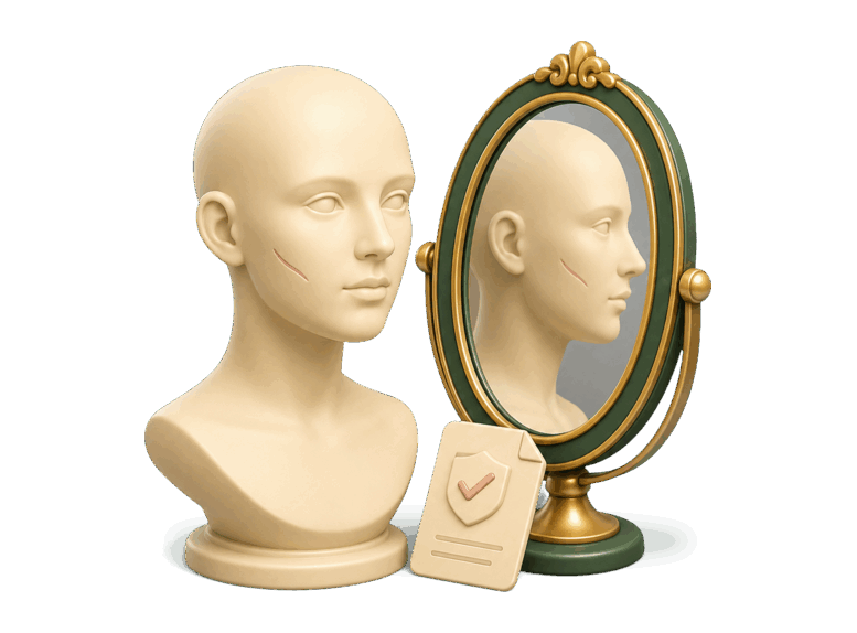 3D sculpted bust with a subtle healed facial mark reflected in an oval mirror, representing a lasting change in appearance.