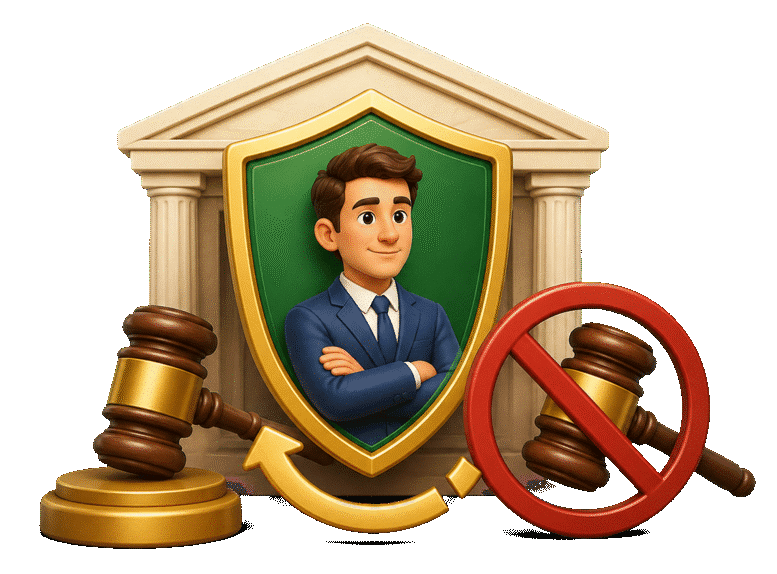 3D shielded person between two gavels, with the second gavel blocked by a prohibition symbol and broken repeat arrow.