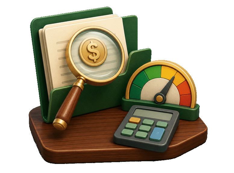 3D case folder with a magnifying glass, calculator, dollar medallion, and valuation gauge representing estimated case value.