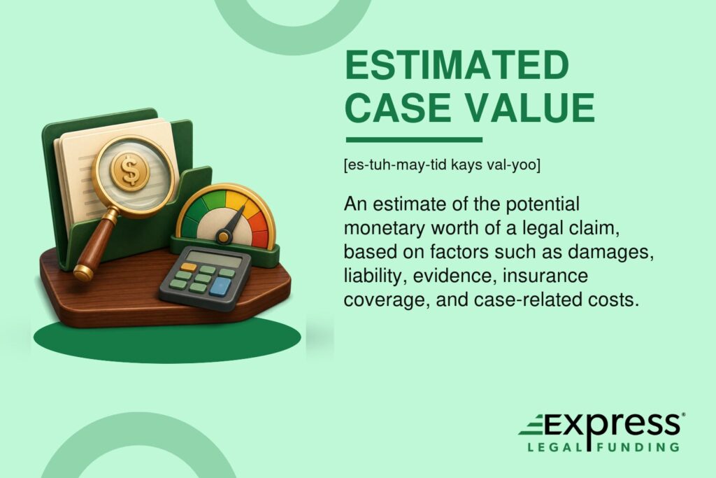 Estimated Case Value glossary feature with a magnifying glass, case folder, calculator, and valuation gauge.