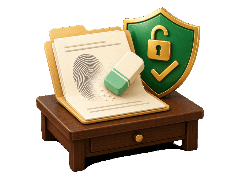 3D court record with a fingerprint being erased beside a green shield and open lock.