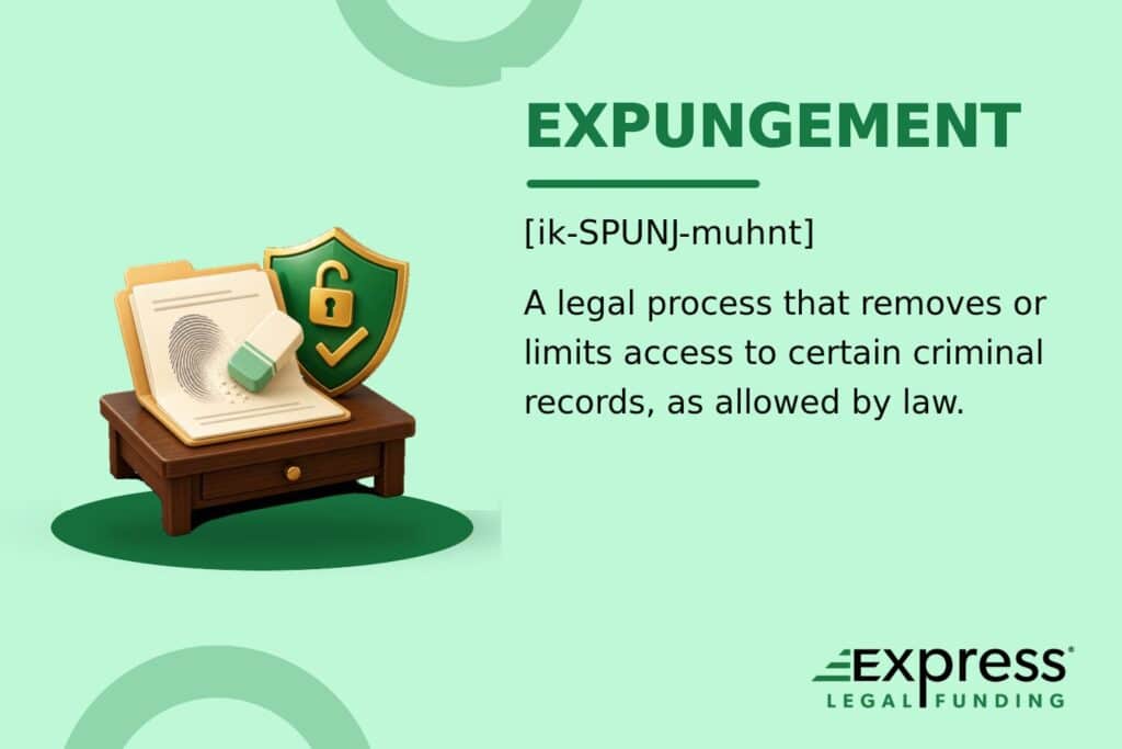 Expungement glossary feature with a fingerprint record being erased beside an unlocked privacy shield.