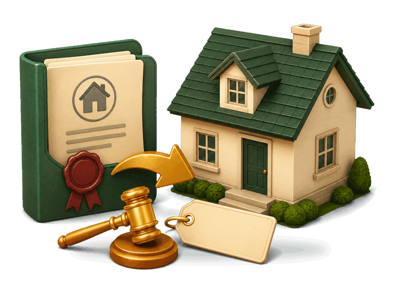 3D house with a sealed mortgage folder, blank sale tag, and auction gavel representing the foreclosure process.