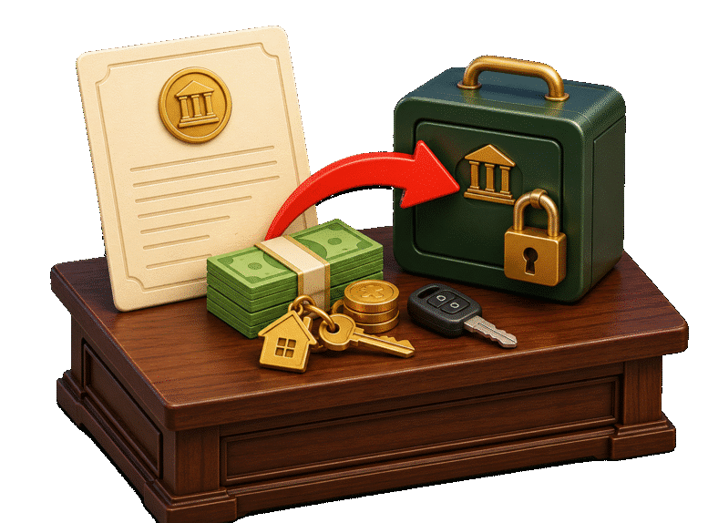 3D court order, money, and property keys transferring into a locked legal-custody case.