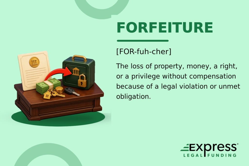 Forfeiture glossary feature with money and property keys moving into locked legal custody.