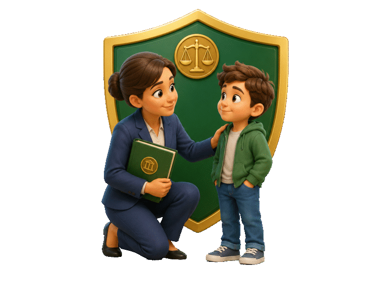 3D guardian and child before a green shield with balanced scales, representing court-appointed protection