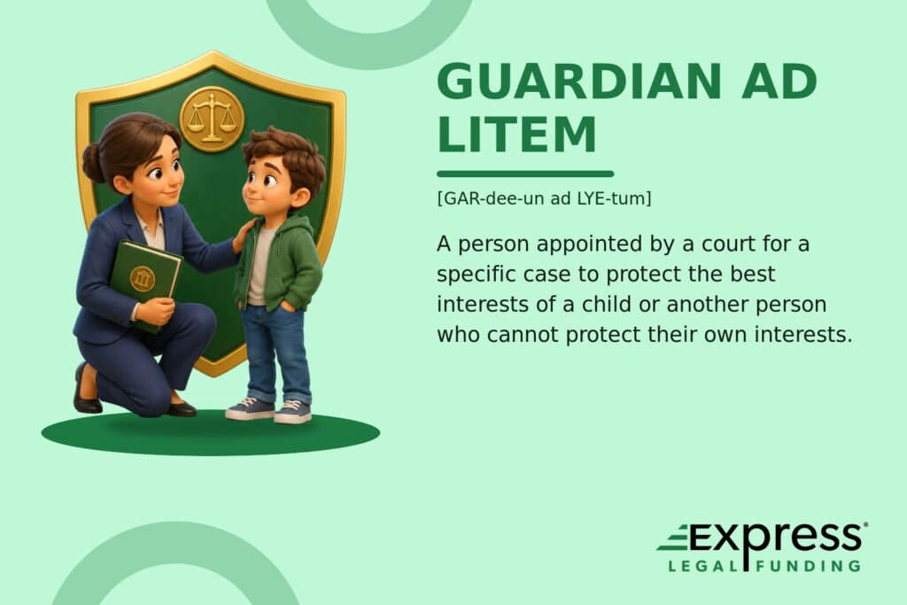 Guardian ad Litem glossary graphic with a court-appointed guardian, child, protective shield, and scales