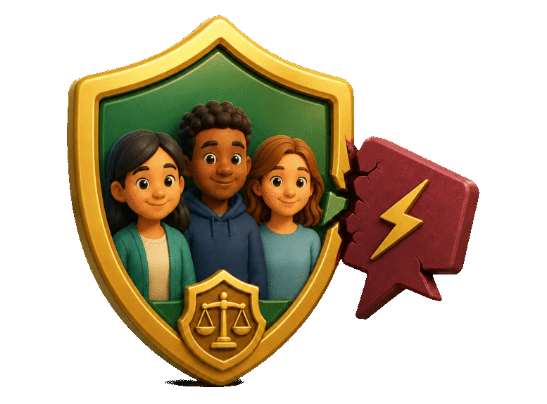 3D gold-trimmed shield protecting three community members from a cracked hostility symbol, representing a hate crime.
