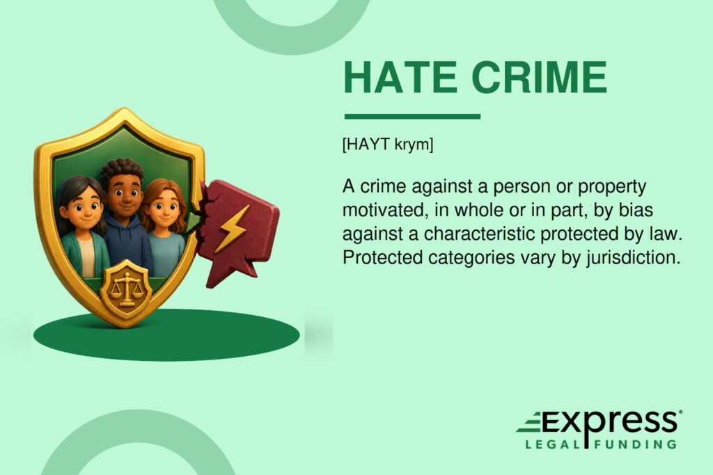 Hate Crime glossary feature with a protective shield around a diverse community blocking a fractured hostility symbol.