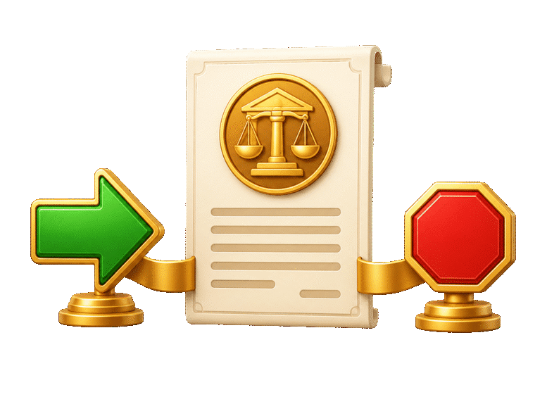 3D court-order document linked to a green arrow and red stop sign, representing required or prohibited acts