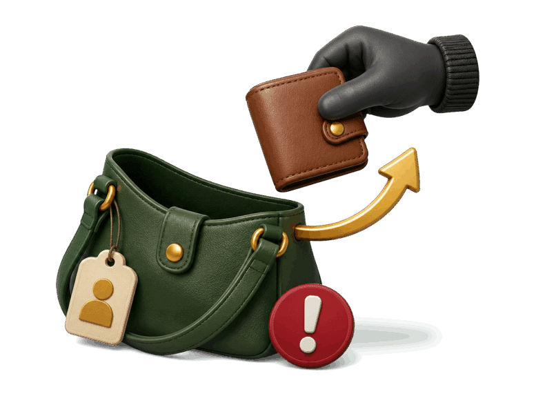 3D gloved hand carrying a wallet away from an open handbag, representing the nonconsensual taking of another person's property.
