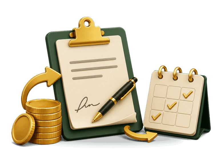 3D signed loan agreement with coins, a repayment calendar, and arrows representing funds advanced and repaid over time.