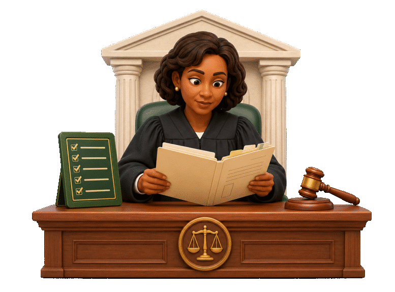 3D magistrate judge reviewing a tabbed case file beside a proceedings checklist at the bench.