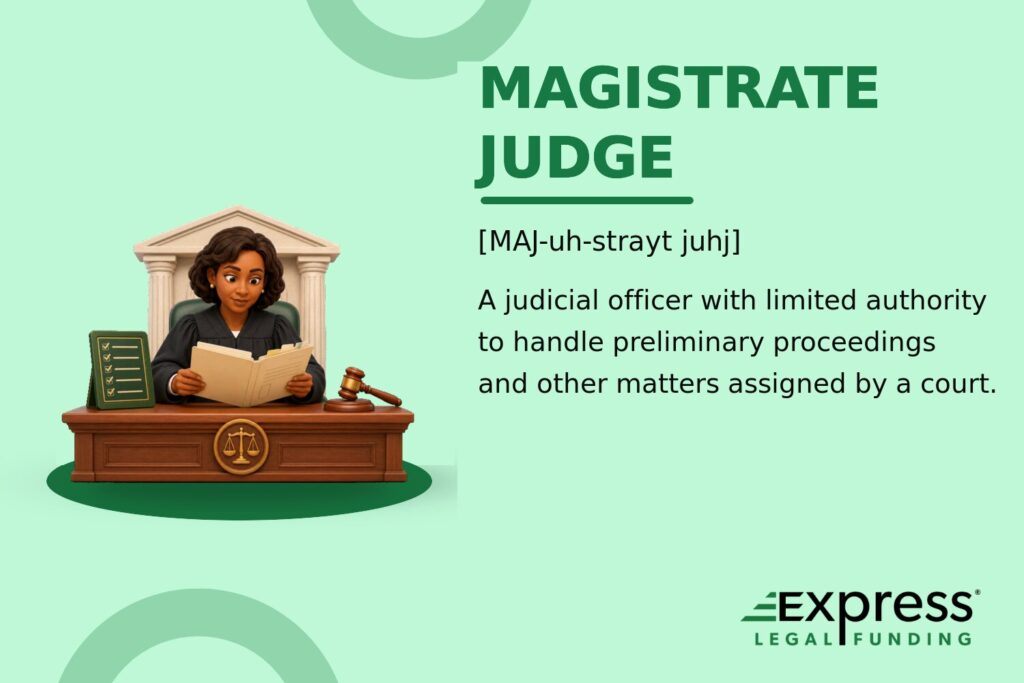 Magistrate Judge glossary feature with a judicial officer reviewing a pretrial case file and checklist.