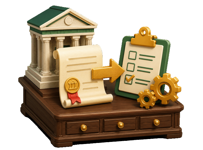 3D courthouse and sealed writ directing a checked official-duty list with engaged gears.