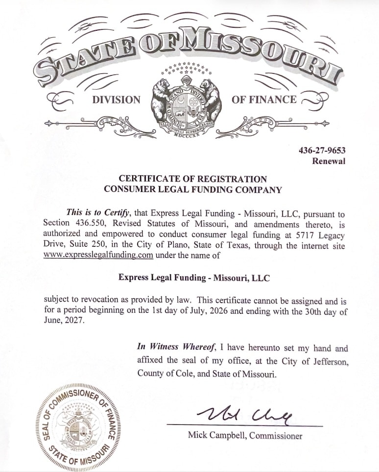 Express Legal Funding Missouri consumer legal funding company certificate of registration.