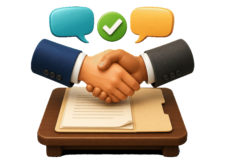 3D handshake above a contract with speech bubbles and a check mark, representing negotiation.