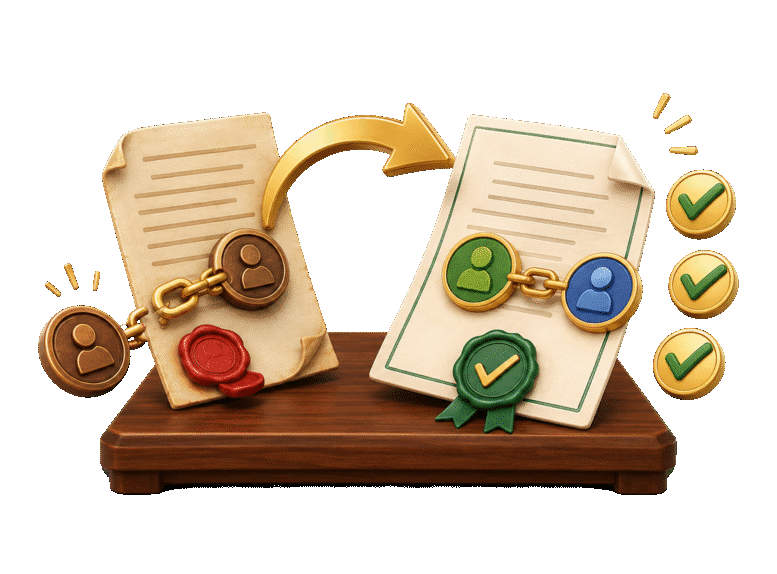 3D old contract releasing one party and transitioning to a new approved agreement with a replacement party.