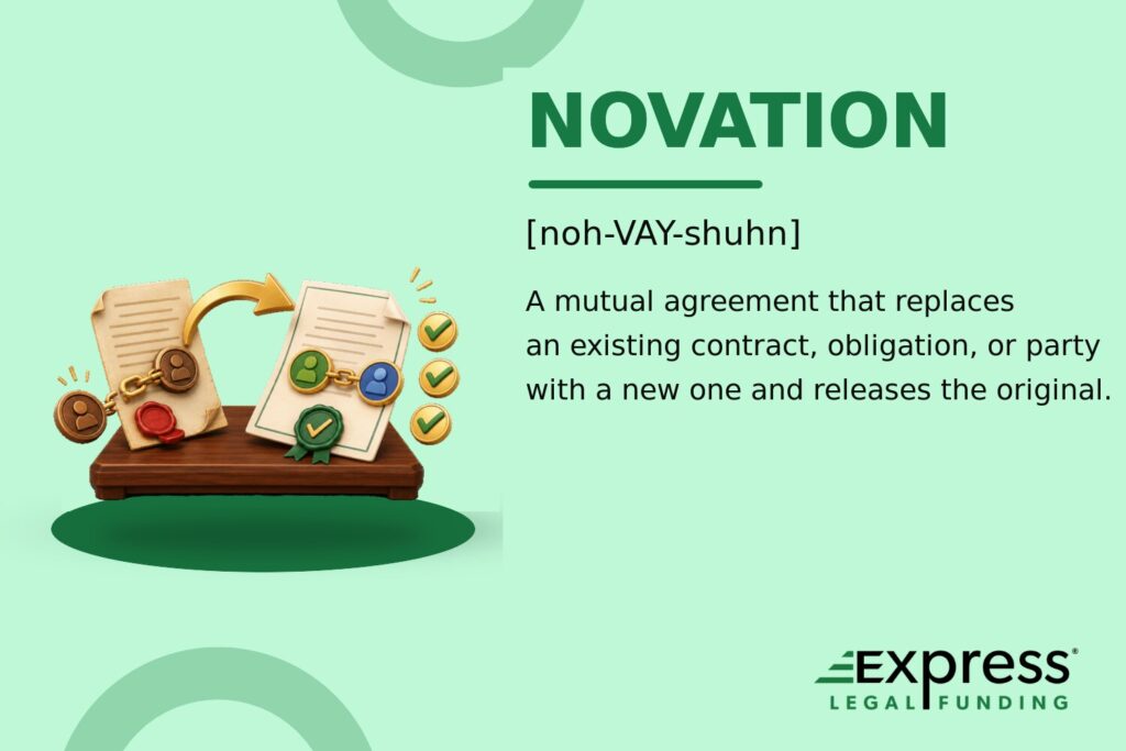 Novation glossary feature with an old agreement and party being replaced by a newly approved contract.