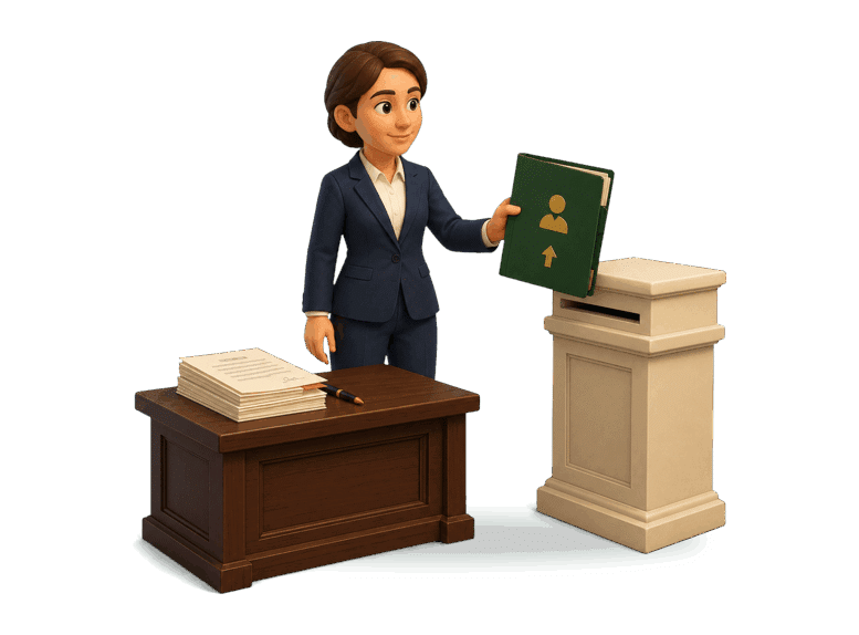 3D civil litigant presenting a complaint folder at a filing pedestal with evidence papers on a counsel table.