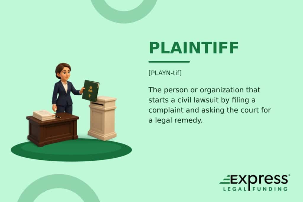Plaintiff definition with a civil litigant filing a complaint beside a counsel table.