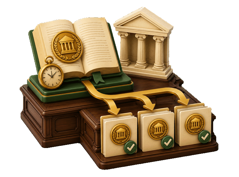 3D earlier court opinion sending matching legal-rule paths to three later case files.