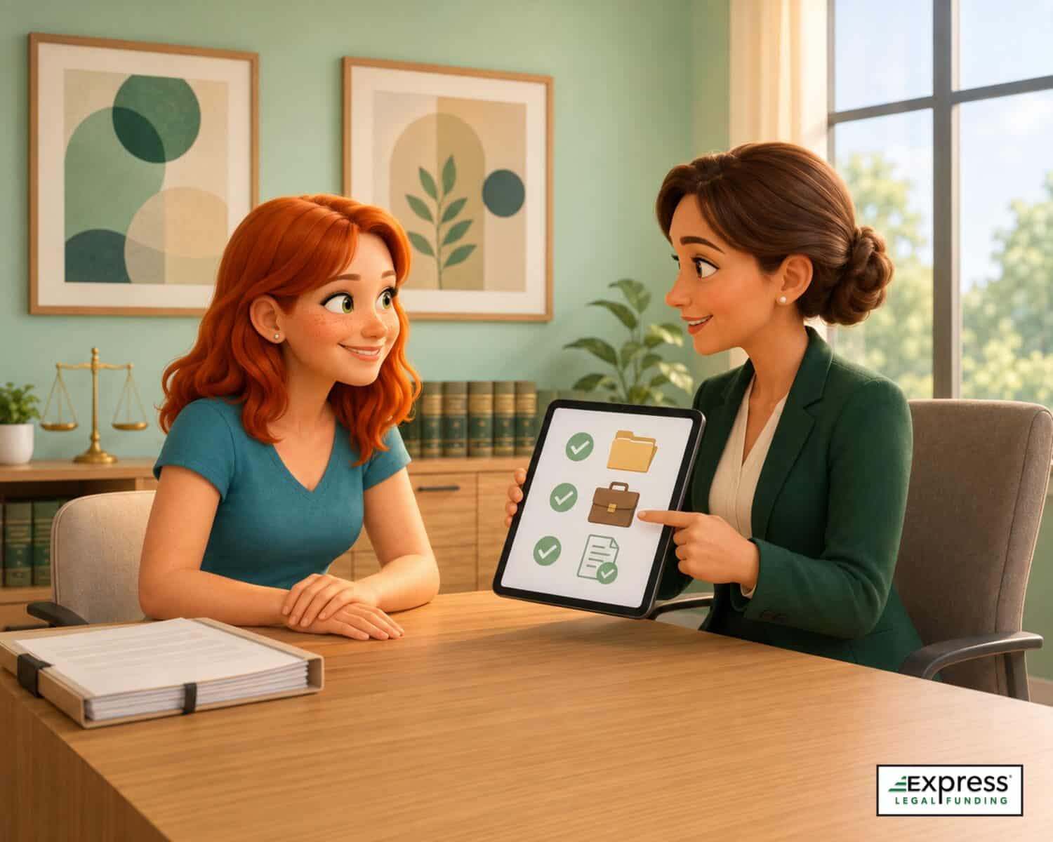 A funding specialist reviews injury claim, attorney, and evidence requirements with a client during a pending divorce.