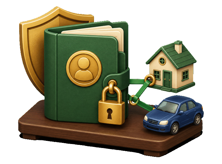 3D locked claim folder linked to a house and car, representing a secured creditor's collateral-backed rights.