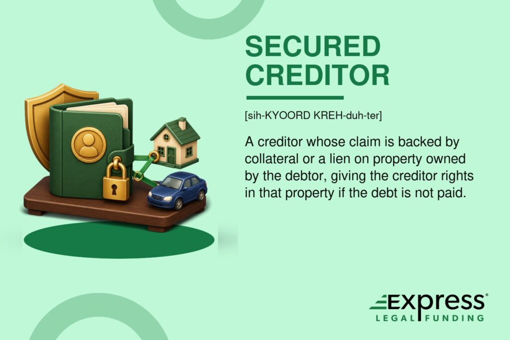 Secured Creditor glossary feature with a locked claim folder connected to house and vehicle collateral.