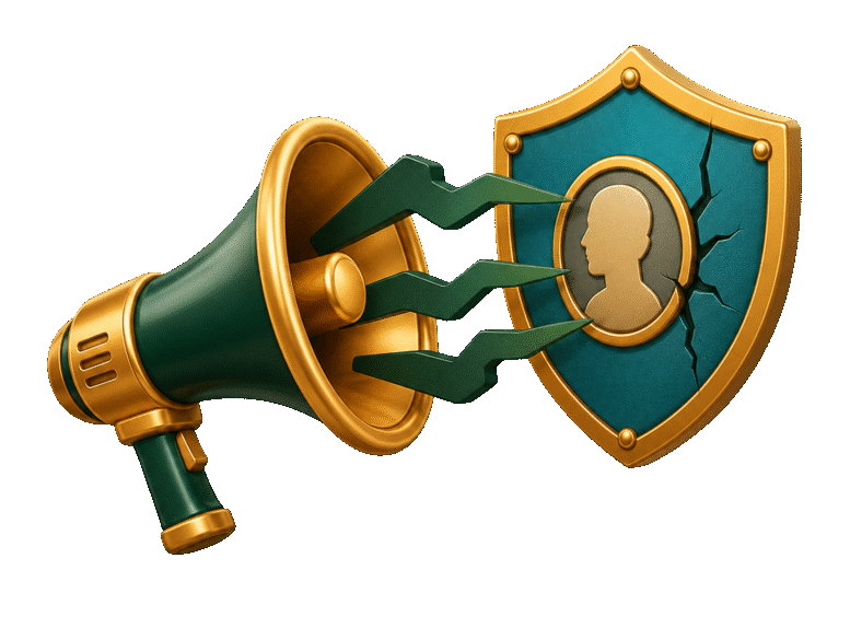 3D megaphone directing jagged speech waves toward a cracked shield, representing spoken reputational harm