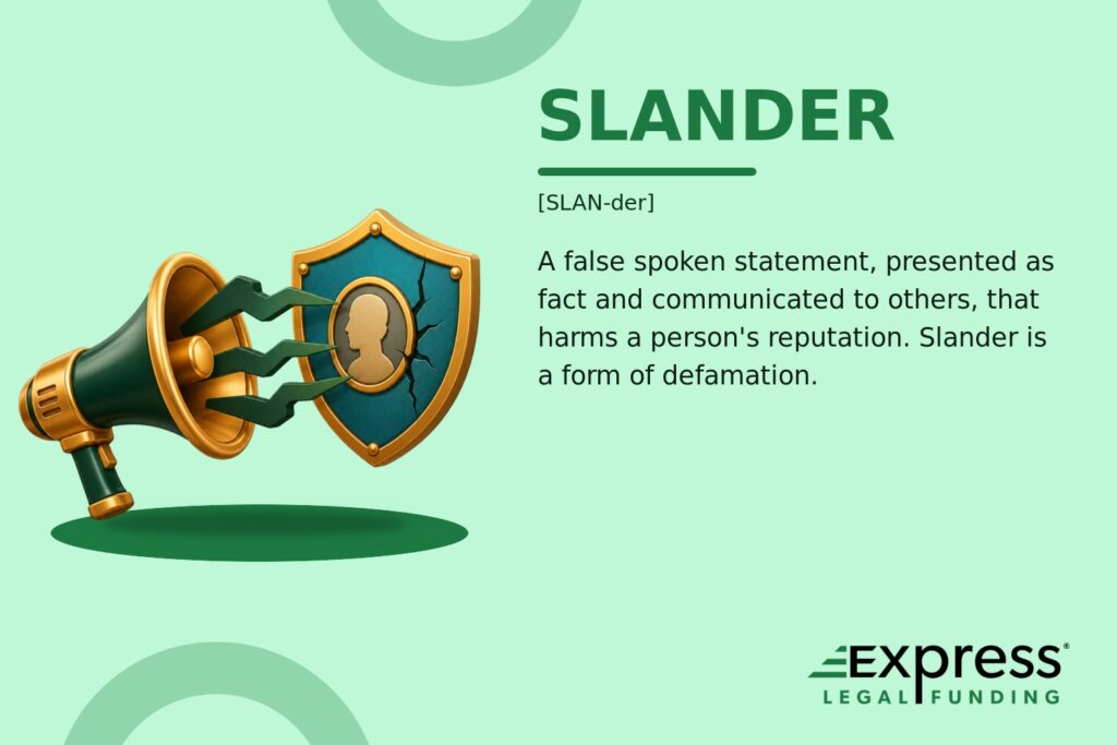 Slander glossary graphic with a megaphone directing speech waves toward a cracked reputation shield